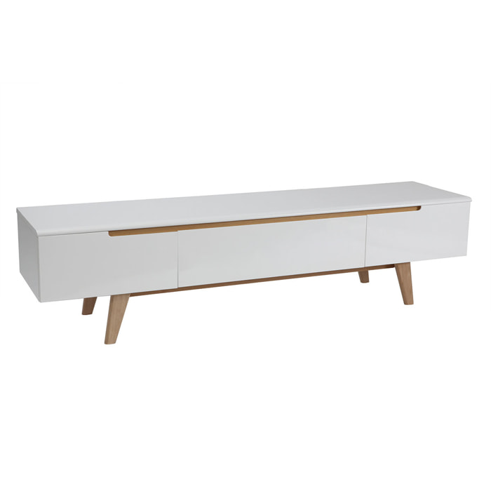 Meuble TV scandinave blanc brillant et bois L180 cm MELKA