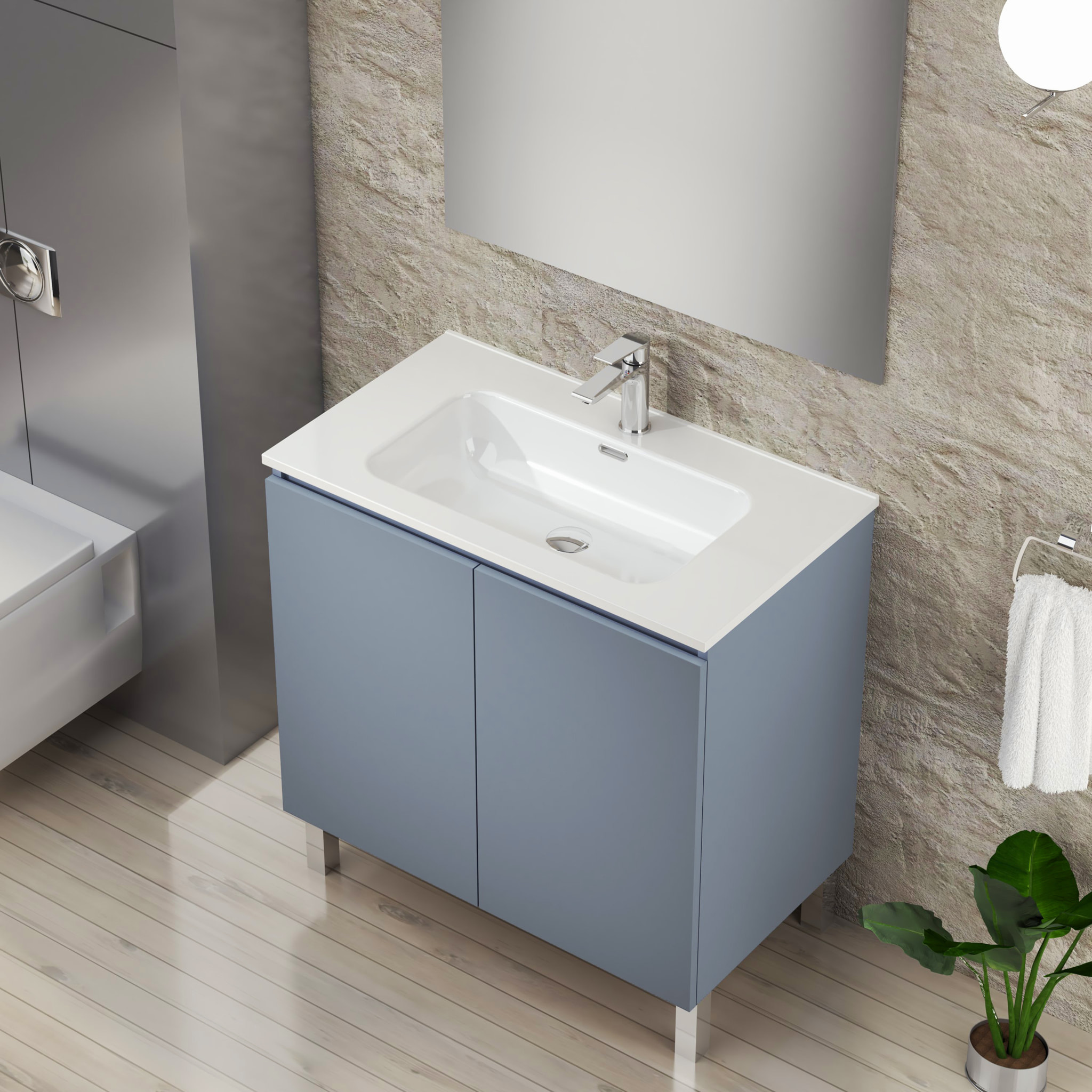 Ensemble de Salle de Bain Lust | 80 cm Bleu | Deux Portes | Lavabo Encastré | N'inclut pas le Miroir | Meuble Assemblé | Alday