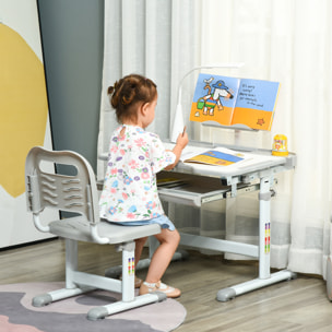 Bureau enfant avec chaise - ensemble bureau et chaise réglable - lampe, support de lecture, tablette coulissante multi-rangement - gris blanc
