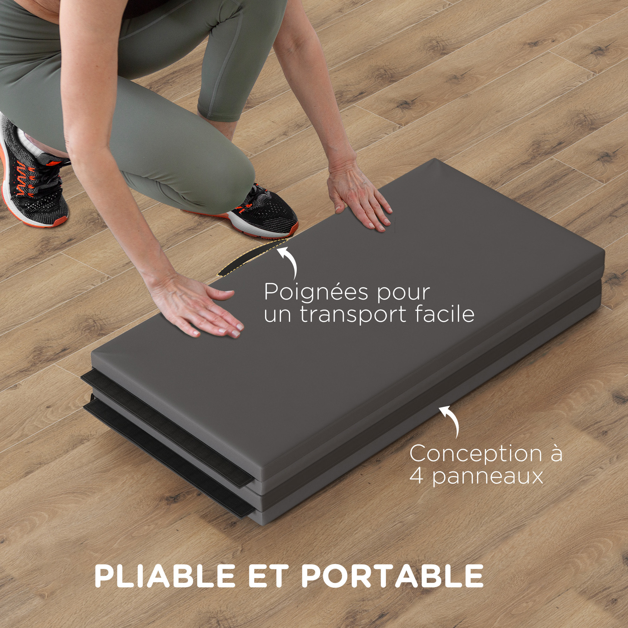 Tapis de gym yoga fitness pliable - poignée - revêtement synthétique - gris