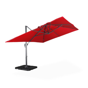 Parasol déporté rectangulaire rouge 3x4m + dalles à lester 50x50cm