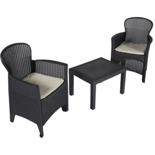 Set salotto da esterno Foggia, Set da giardino con 2 poltrone ed 1 tavolino, Salottino effetto rattan con cuscini, 100% Made in Italy, Antracite