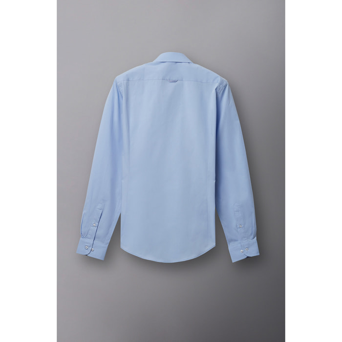 Camicia Uomo 1 Bottone Francese Slim Popeline Stretch Unito Celeste