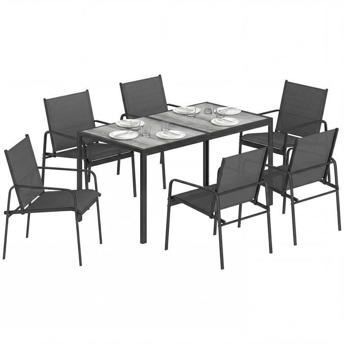 Conjunto de Mesa y Sillas Jardín de 7 Piezas, Muebles de Jardín Exterior con Mesa de Efecto Madera y 6 Sillas con Asiento Transpirable, Marco de Acero Galvanizado, para Terraza, Patio, Negro