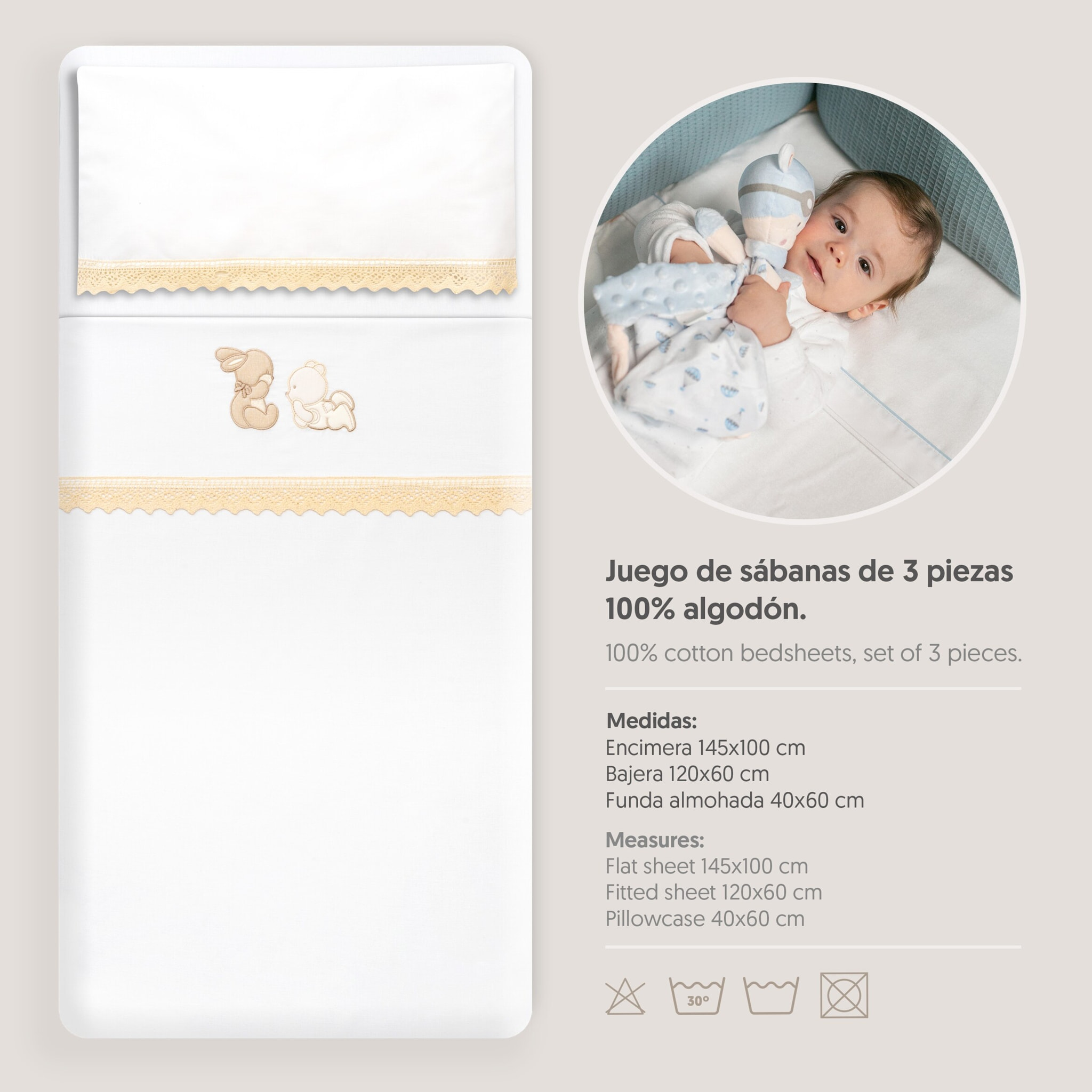Triptico Cuna Guipur Oso Tumbado Conejito + Broche Bco/Beig