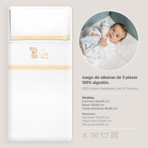 Triptico Cuna Guipur Oso Tumbado Conejito + Broche Bco/Beig