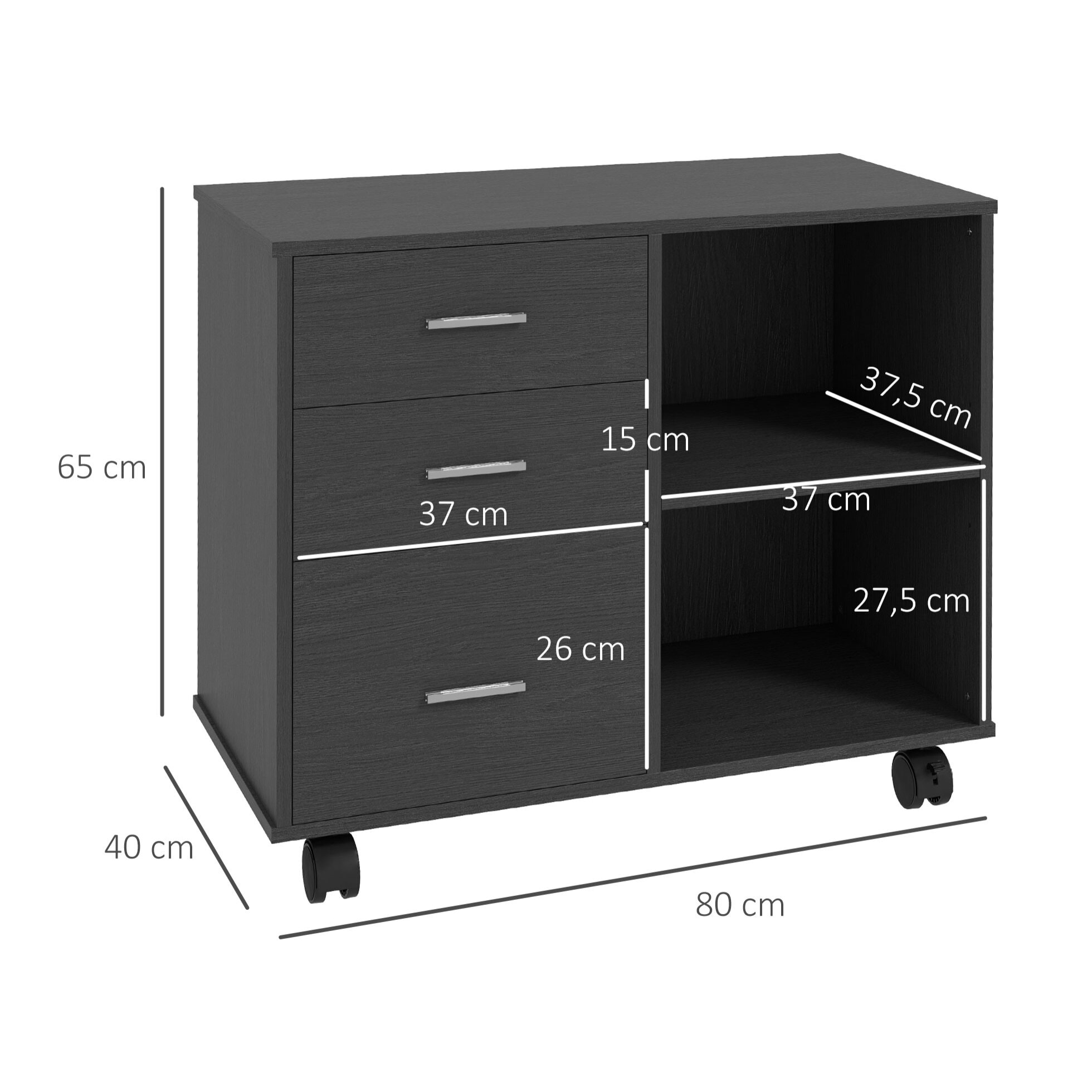 HOMCOM Support d'imprimante organiseur bureau caisson 3 tiroirs + 2 niches + grand plateau panneaux particules noir