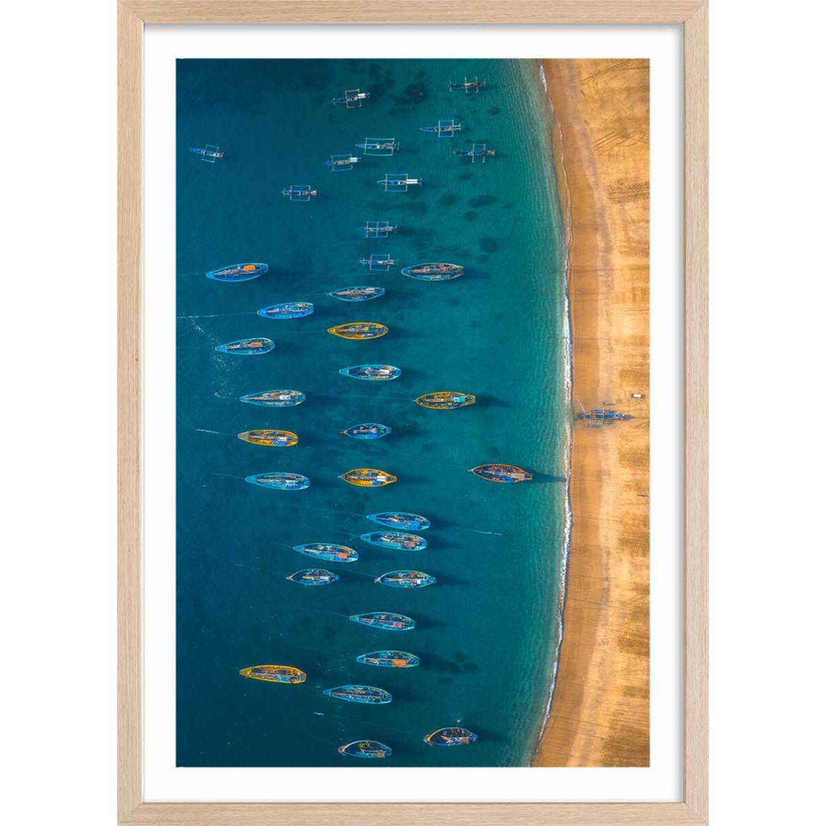 Poster bateaux de pêche Affiche + cadre en bois - Chêne