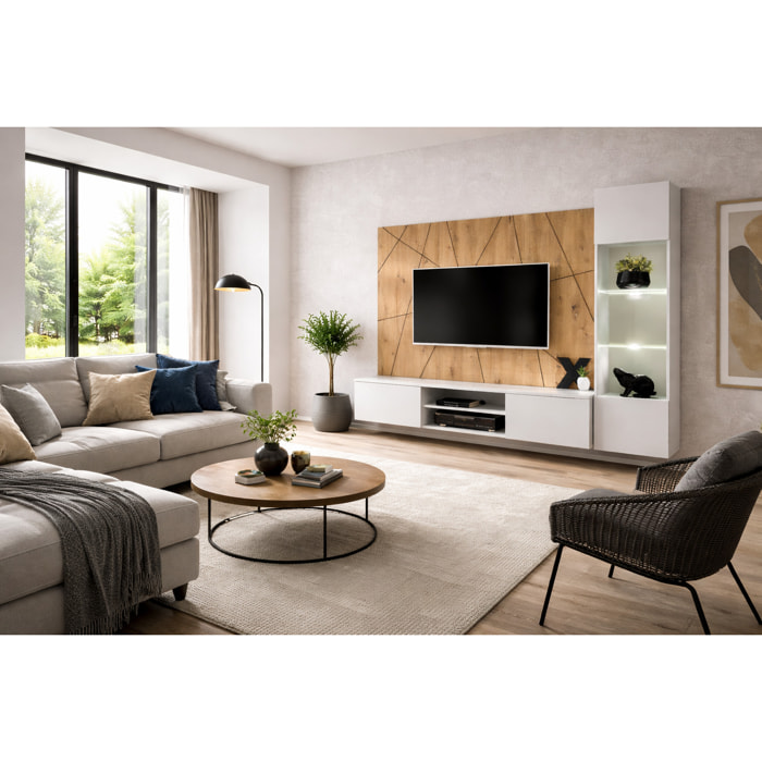 Parete Attrezzata Moderna Per Tv Con Pannello Design Geometrico Mobile 2 Ante Ribalta E Pensile Con Vetrina E Led 200 x 35 x 148 Cm Grigio E Rovere
