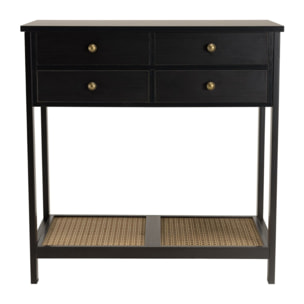 CHARLIE - Console noire 4 tiroirs 1 étagère effet cannage