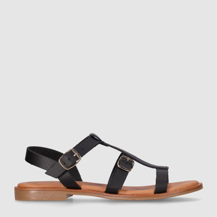 Sandalias de Piel - Negro - Tacón: Bajo