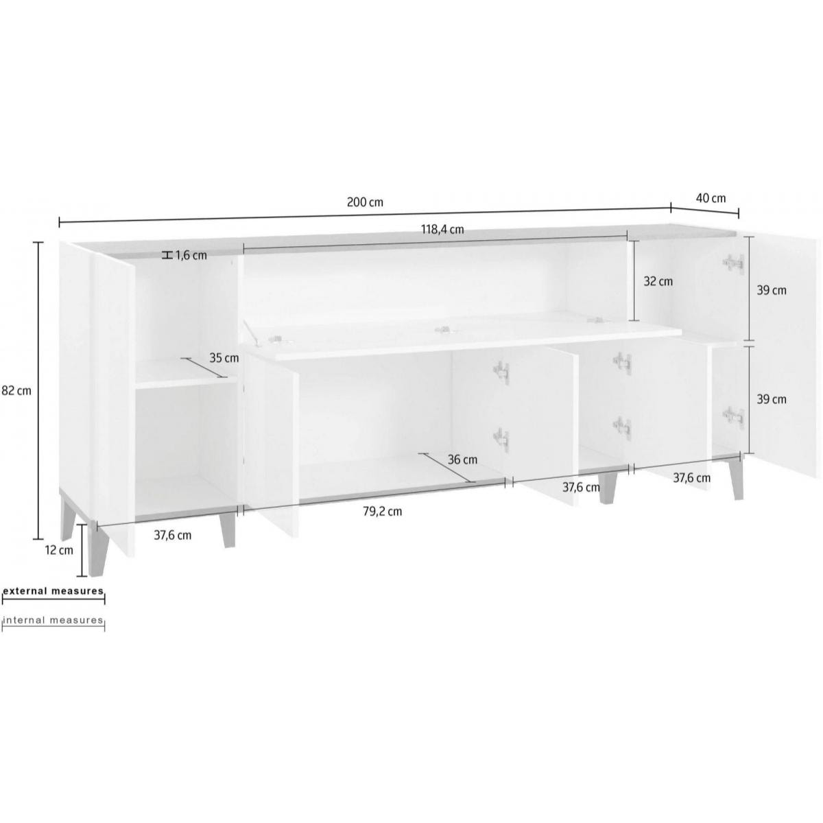 Credenza moderna a 6 ante, Made in Italy, Madia da cucina rialzata, Buffet di design da soggiorno, Cm 200x40h82, Bianco lucido e Ardesia