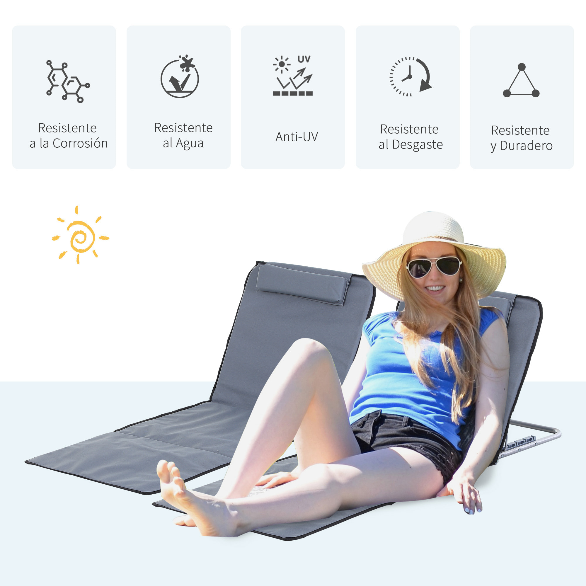 Conjunto de 2 Esterillas de Playa Plegable Esterillas con Respaldo Reclinable en 5 Niveles Reposacabezas y Bolsa de Transporte 134x48x33-43 cm Gris