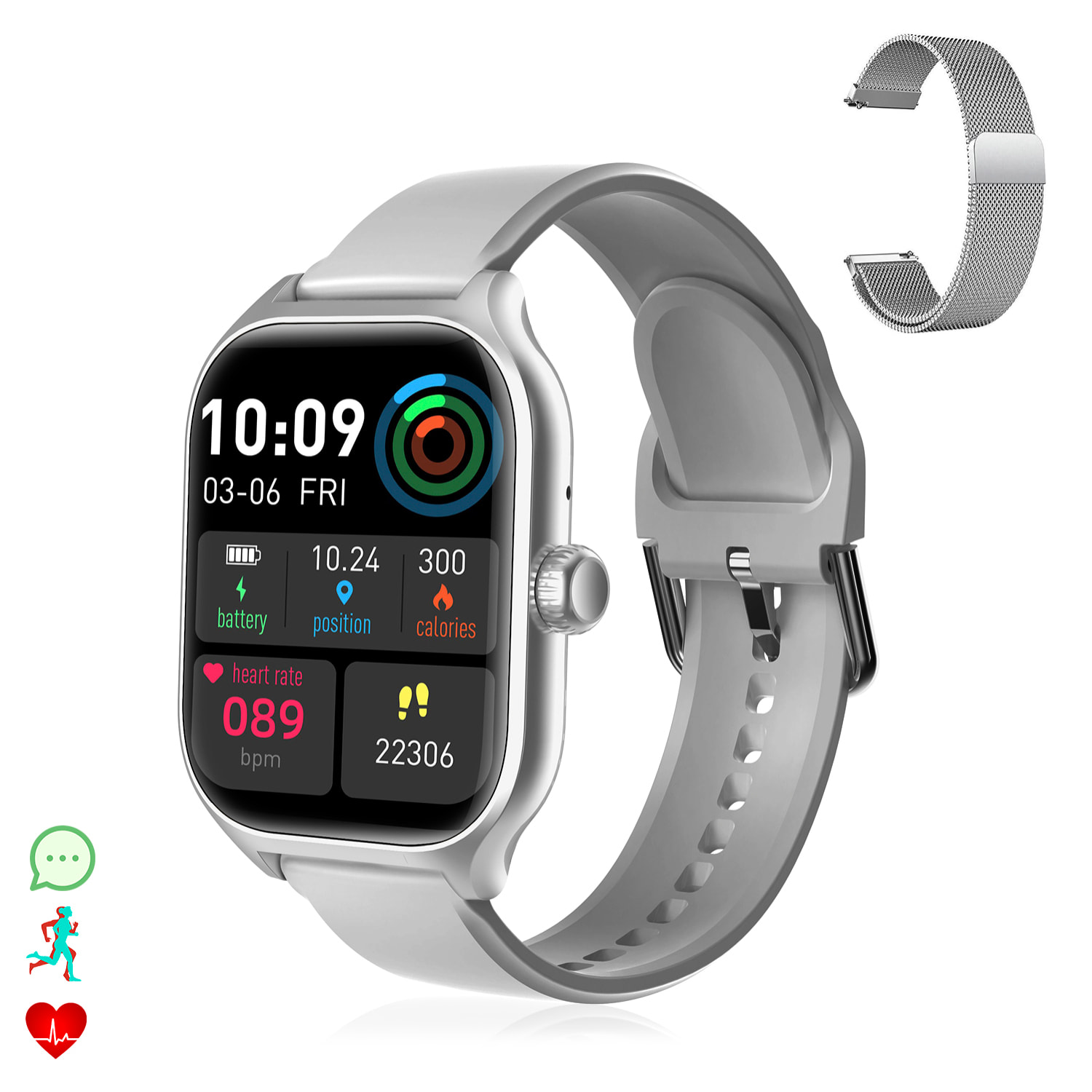 Smartwatch GTS4 Plus con chiamate BT, notifiche push. Monitor sportivo e sanitario. Corona multifunzione. 2 cinturini in silicone e metallo.