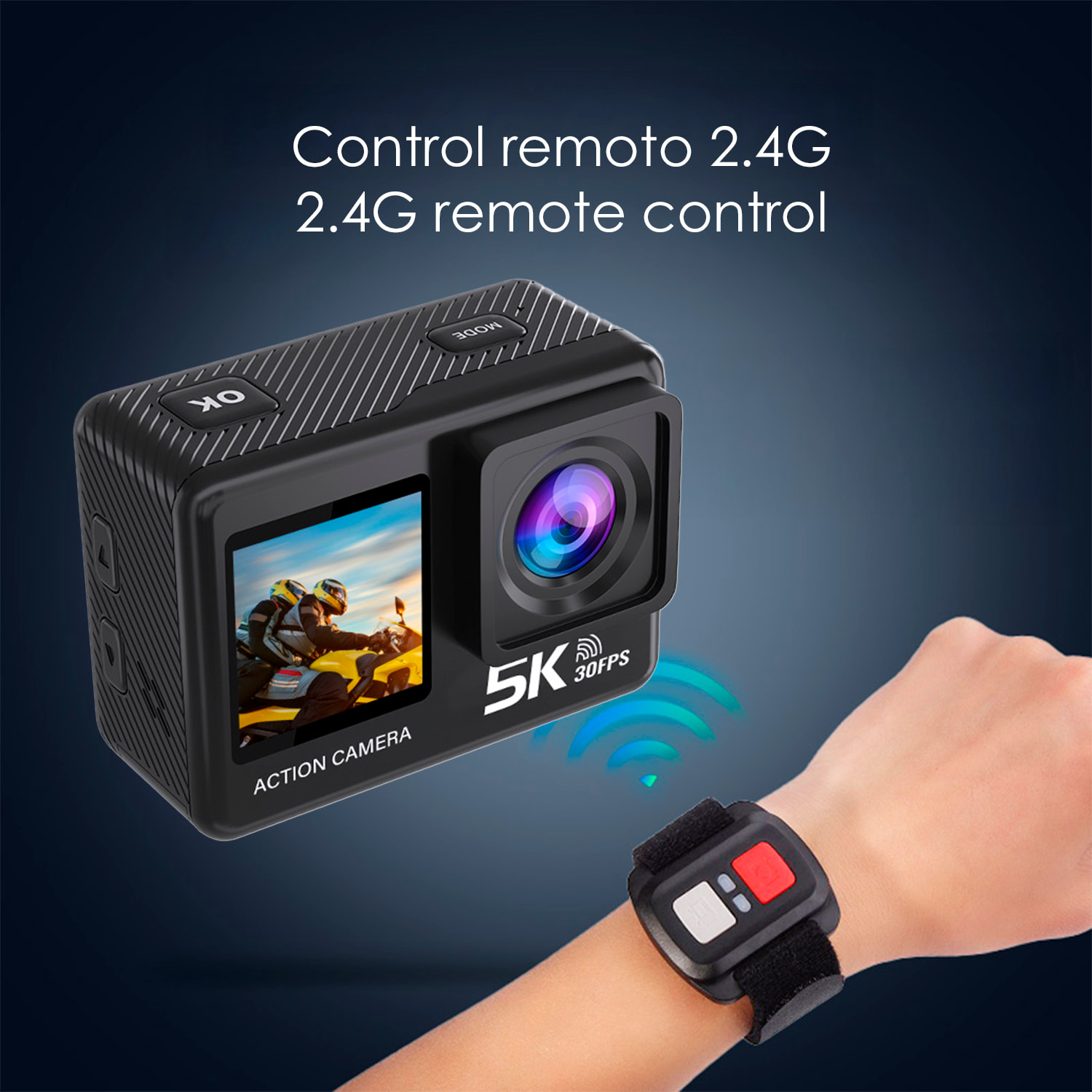 Cámara Deportiva M60 TR 5k 30fps con 47,5 mpx, doble pantalla de 2" y 1.3", estabilizador de imagen, multitud de accesorios y WIFI.