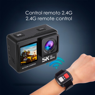 Cámara Deportiva M60 TR 5k 30fps con 47,5 mpx, doble pantalla de 2" y 1.3", estabilizador de imagen, multitud de accesorios y WIFI.