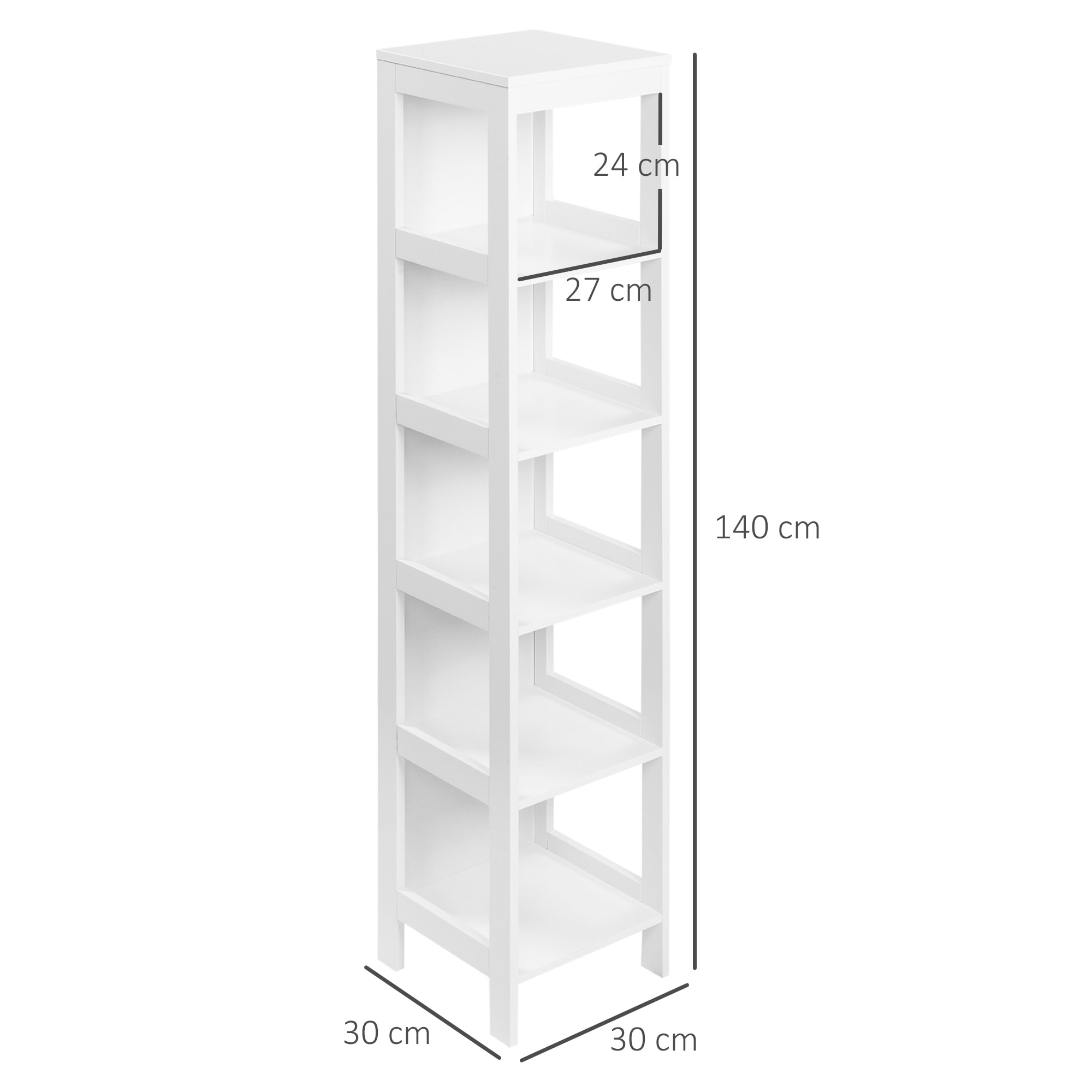 kleankin Estantería de Baño de Suelo de 5 Niveles Mueble Auxiliar de Almacenaje para Cocina Salón Dormitorio Estilo Moderno Antivuelco Carga 30 kg 30x30x140 cm Blanco