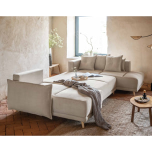 Lena - canapé panoramique d'angle droit 7 places - convertible avec coffre - en velours côtelé - Beige