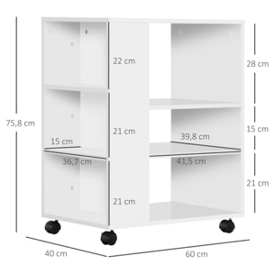 Armario para Impresora Mueble Auxiliar de Oficina con Ruedas con 3 Estantes Laterales y 2 Frenos Carga 30 kg para Dormitorio Cocina Salón 60x40x75,8 cm Blanco