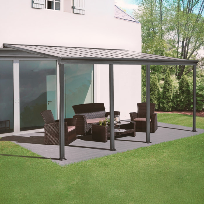 Pergola murale 3x6m anthracite aluminium et polycarbonate avec gouttière. pergola adossée