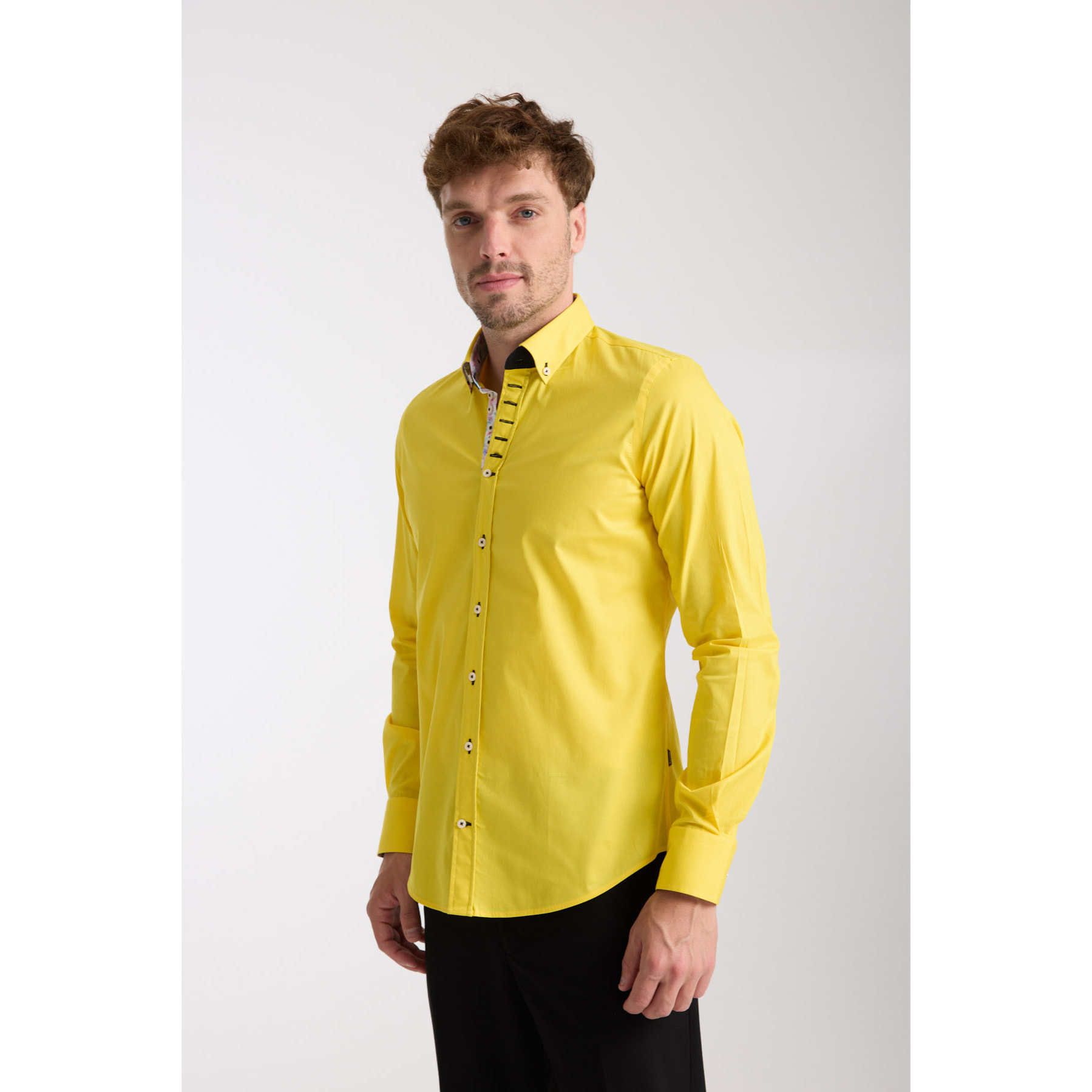Camicia Uomo 1 Bottoni Button Down Slim Popeline Stretch Unito Giallo