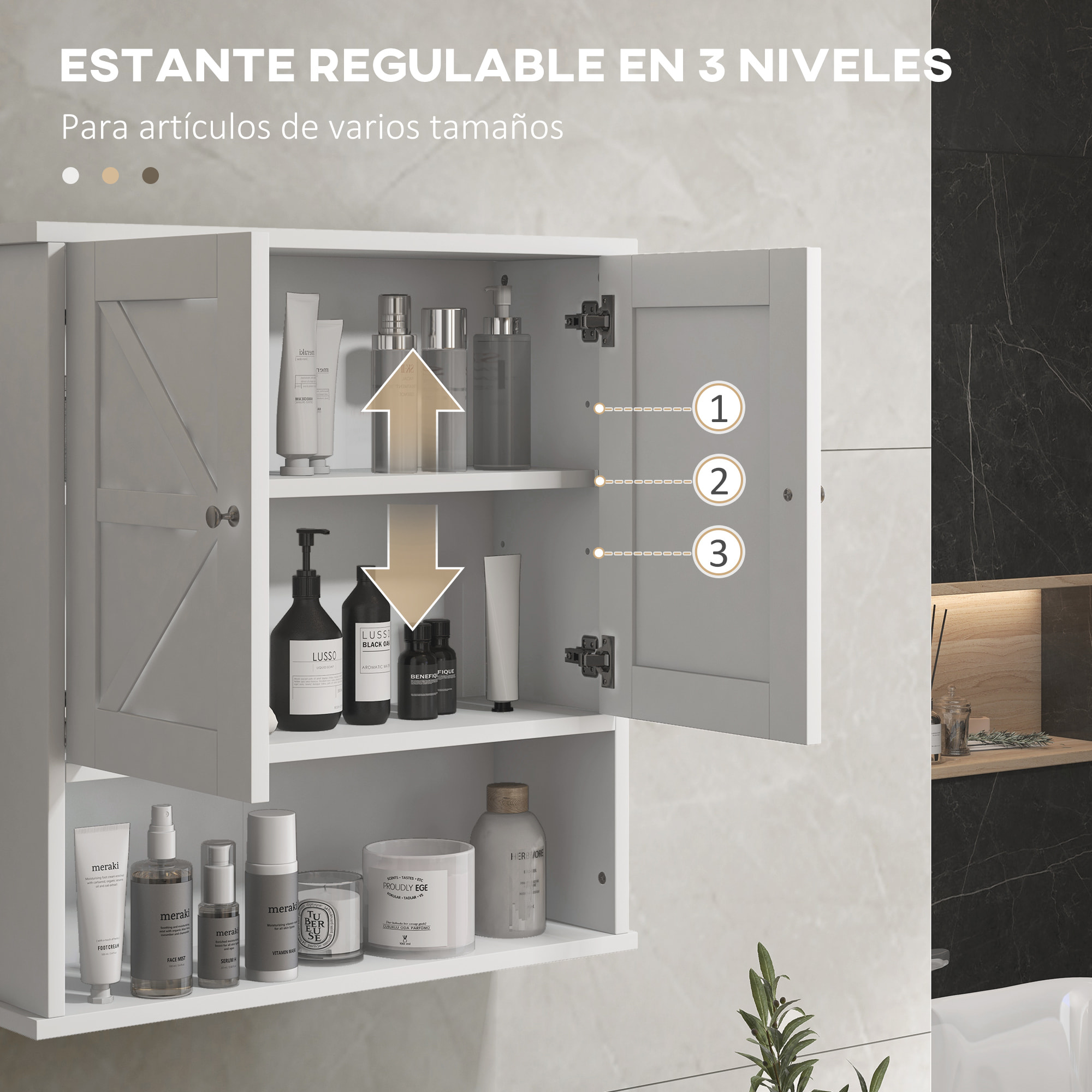 Armario de Baño de Pared, Mueble de Baño Colgar Rústico con Compartimento, Estante Ajustable, 2 Puertas, para Cocina, Lavadero, sobre el Inodoro, Blanco