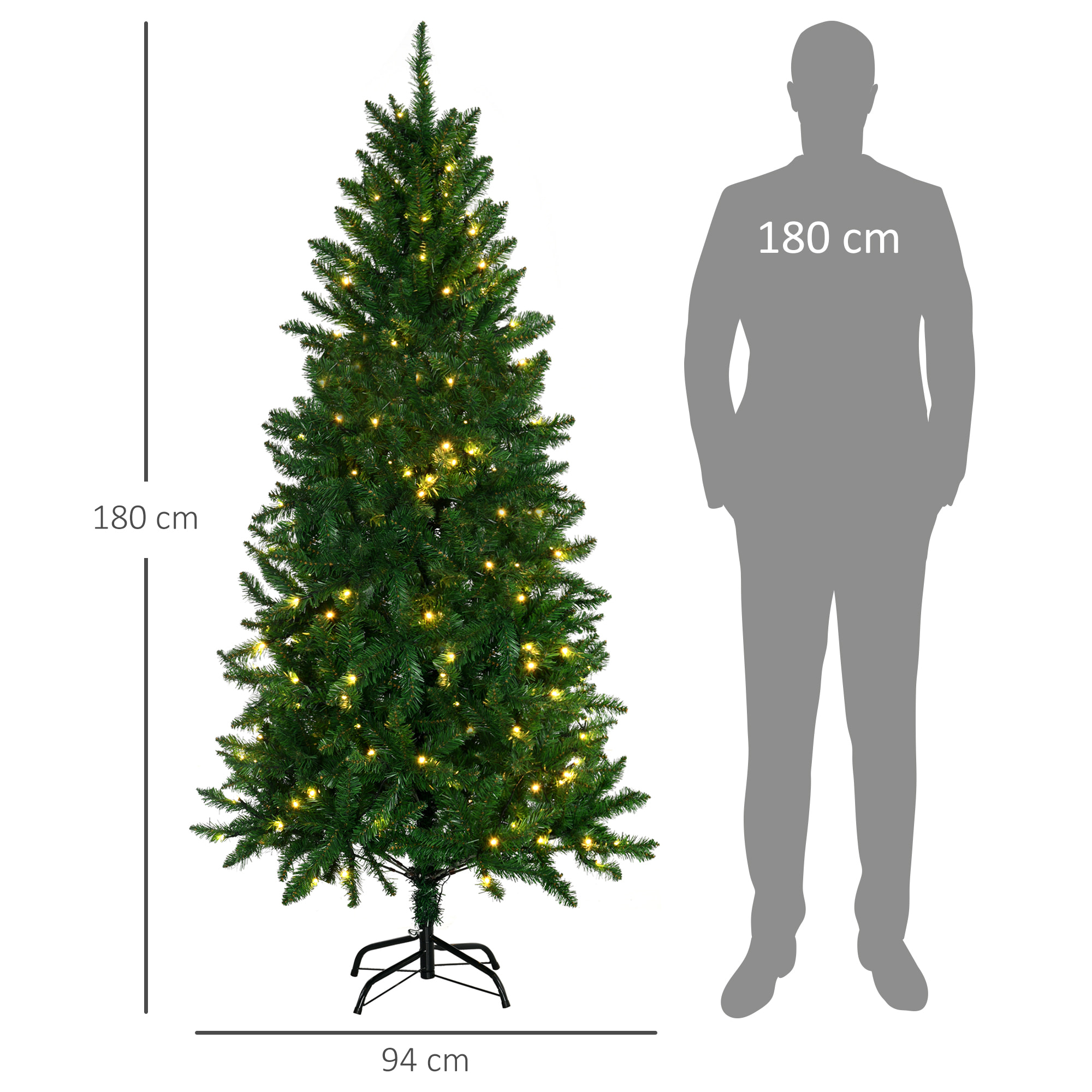 HOMCOM Árbol de Navidad Artificial Altura 180 cm Ignífugo con 714 Ramas 200Luces LED IPX2 8 Modos Hojas de PVC Base Plegable y Soporte Metálico Decoración Navideña para Interiores Verde