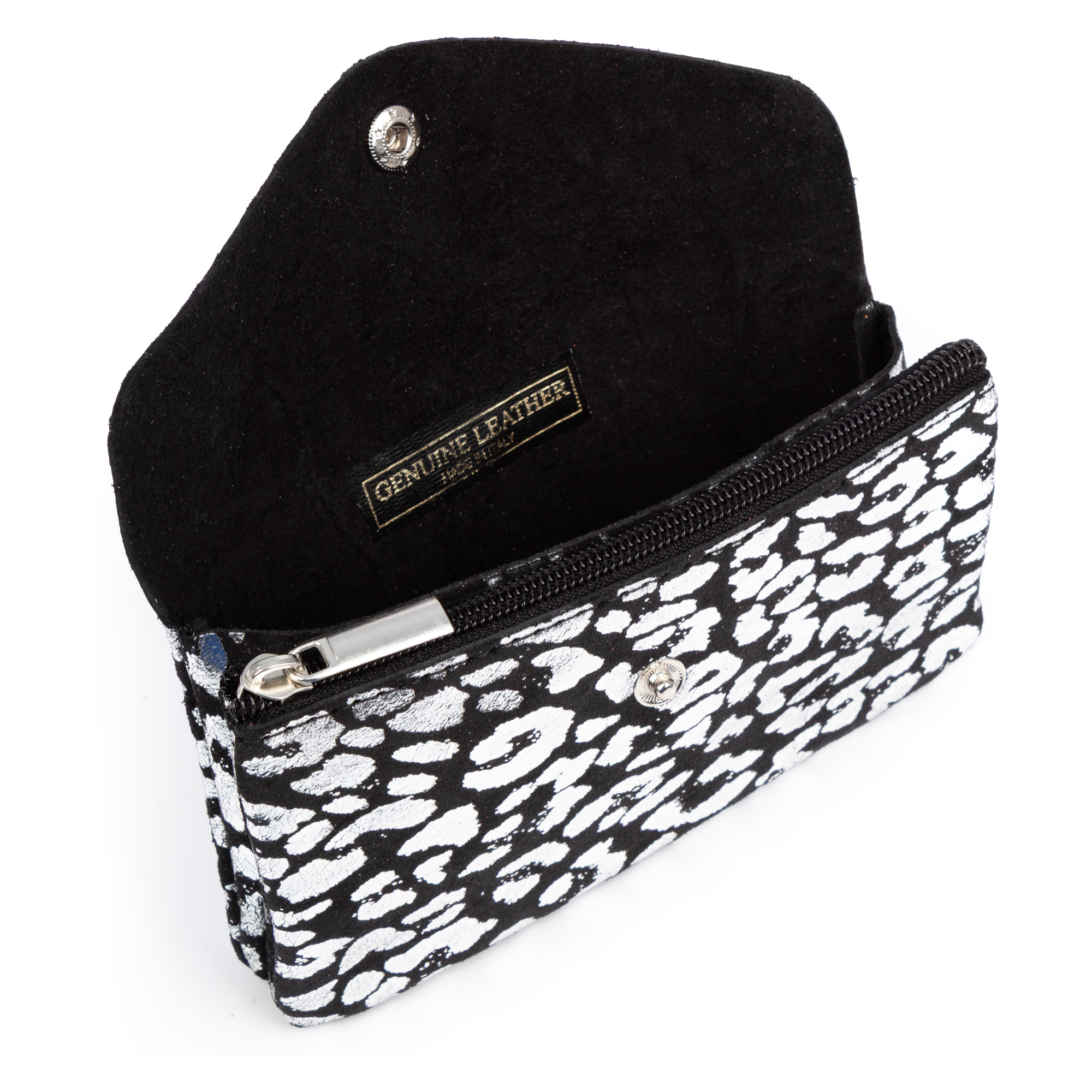 Alseno portafoglio allungato donna. Pelle scamosciata autentica, design con stampa animale leopardata, lucido laccato.