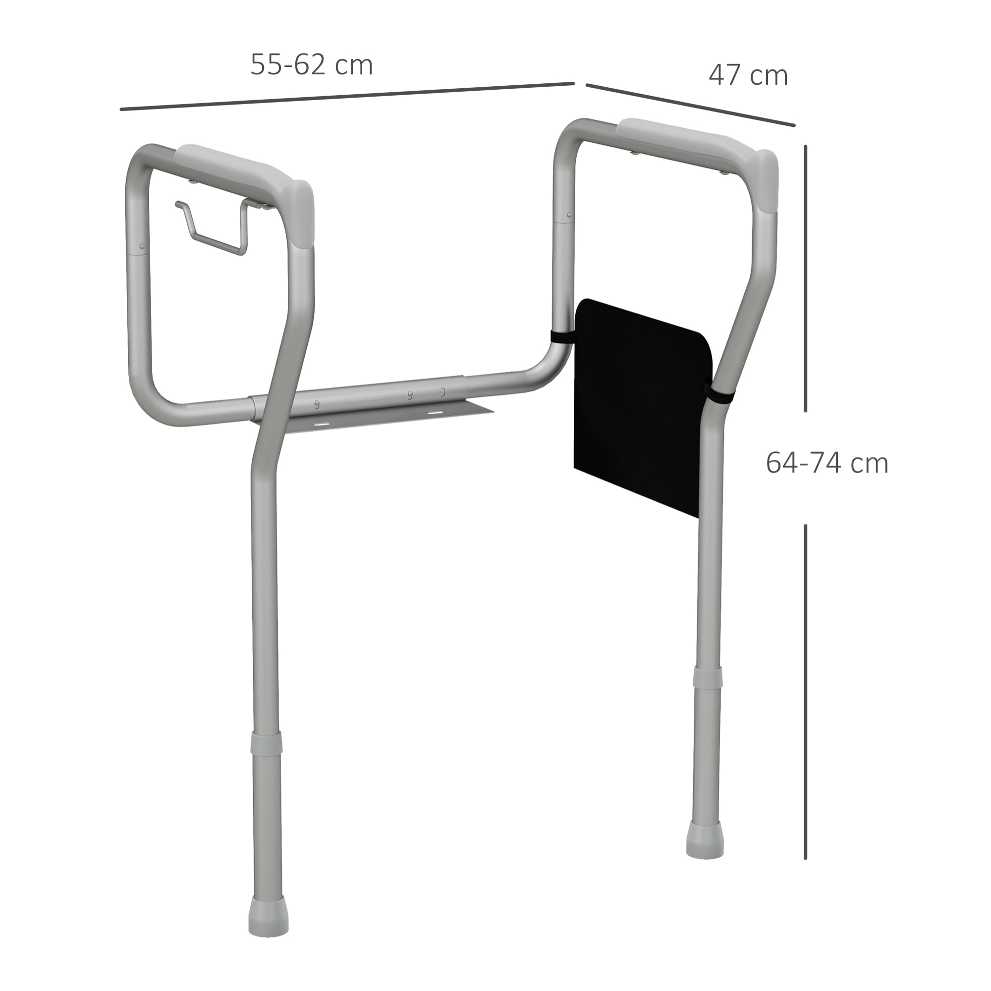 Barra de Seguridad para Inodoro de Aluminio Apoyabrazos Inodoro Anchura y Altura Ajustable con Asas Antideslizante Bolsillo para Ancianos Discapacitados Carga 136 kg 55-62x47x64-74 cm Plata