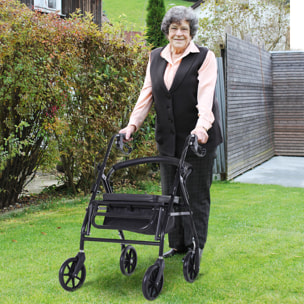 HOMCOM Andador para Ancianos Plegable, Andadores Adultos para Personas Mayores con Asiento Acolchado y 4 Ruedas, Mango Ergonómico Ajustable en Altura, Frenos de Maneta, Cesta, Reposapiés, Negro