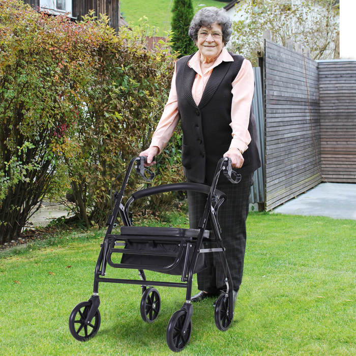 HOMCOM Andador para Ancianos Plegable, Andadores Adultos para Personas Mayores con Asiento Acolchado y 4 Ruedas, Mango Ergonómico Ajustable en Altura, Frenos de Maneta, Cesta, Reposapiés, Negro