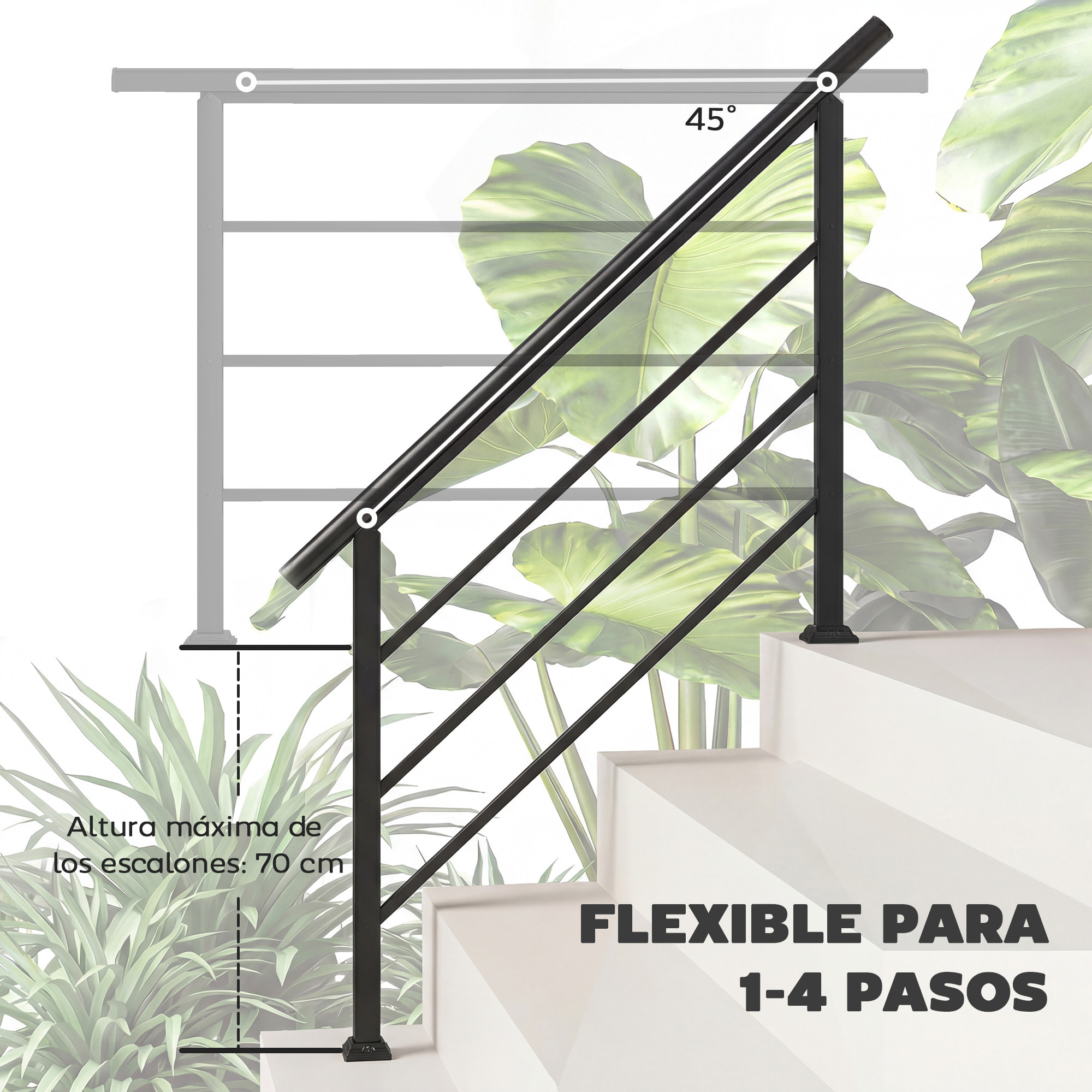 Barandilla de Escalera, 131 cm, Pasamanos para Escalera con Kit de Instalación, ÃƒÂngulo Ajustable para 1-4 Escalones, para Porches, Madera y Concreto, para Exterior, Terraza, Patio, Negro