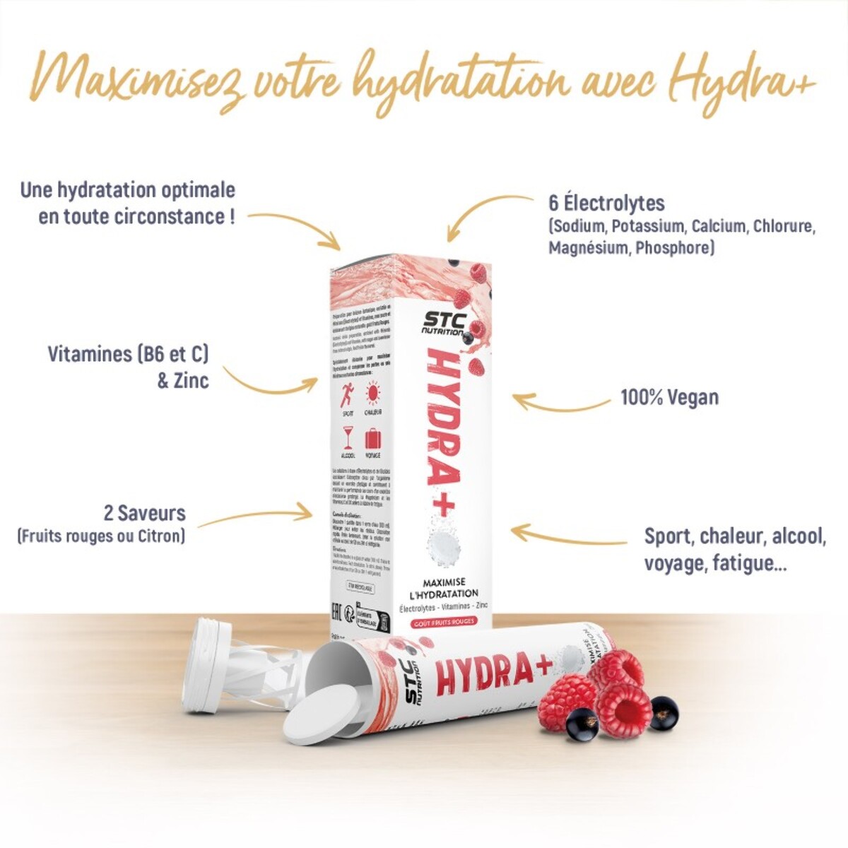 STC NUTRITION - Hydra+ - Préparation pour boisson isotonique à base d'Électrolytes, Vitamines, sucre et édulcorant naturels - Optimise l'hydratation - 20 Pastilles