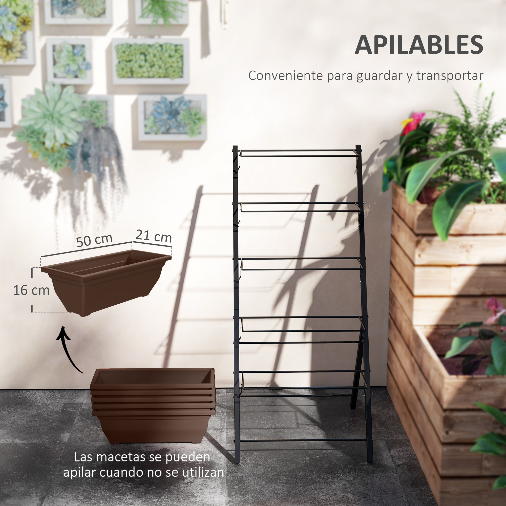 Soporte para Plantas de 5 Niveles con 5 Macetas, Estantería para Plantas para Esquina, Orificios de Drenaje, Diseño en Escalera, Soporte para Macetas, Interior y Exterior, 55x63x120 cm, Negro