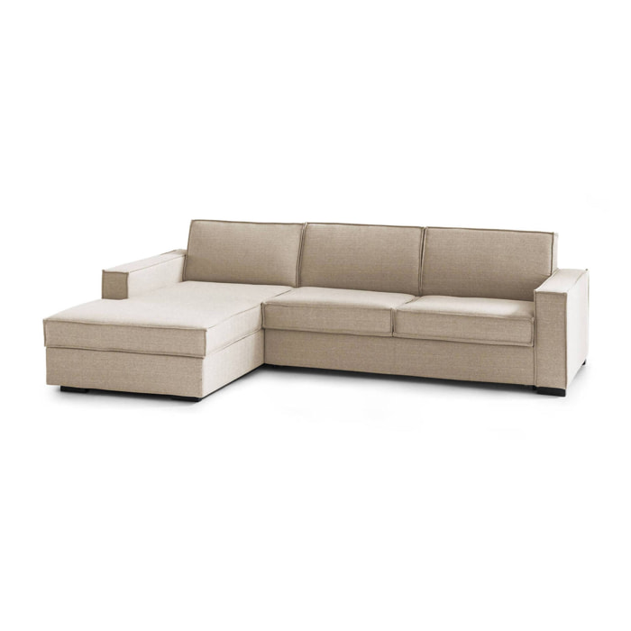 Divano fisso Perla, Divano ad angolo, 100% Made in Italy, Sofà Soggiorno con, penisola contenitore Sinistra, con Braccioli slim, Cm 260x95h90, Beige