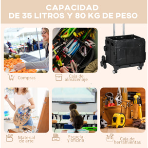 Carrito de la Compra Plegable Carrito para Supermercado con 2 Ruedas Longitud de Mango Ajustable Capacidad 35 Litros para Oficina Escuela Hogar 48x43x95 cm Negro