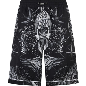 PHILIPP PLEIN Silk Bowling Shorts All-Over Tattoo