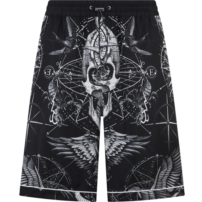 PHILIPP PLEIN Silk Bowling Shorts All-Over Tattoo