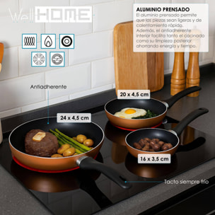set de batería de cocina de 7pc en acero inoxidable + 3 sartenes ø16ø20ø24cm bronce metalizado en aluminio prensado