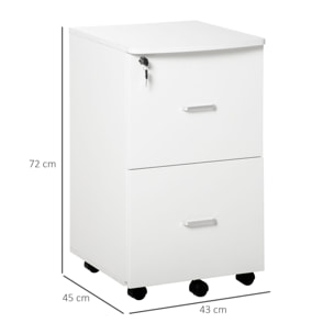 Cajonera de Oficina Mueble Auxiliar para Archivos con 2 Cajones Cerradura de 2 Llaves 5 Ruedas y 2 Frenos para Estudio Despacho Dormitorio 43x45x72 cm Blanco