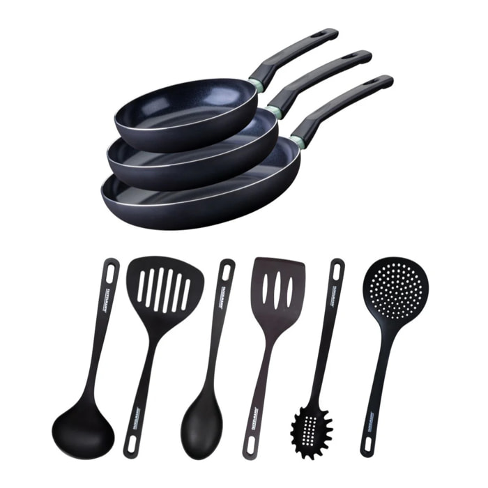 Ensemble de 3 poêles de 20, 24 et 28 cm et 6 ustensiles Fackelmann Brandao