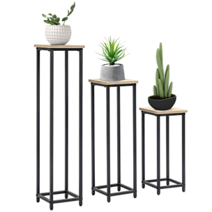 Support pots de fleurs 3 pièces - lot de 3 étagères à fleurs - portes plantes - acier époxy noir plateaux aspect bois de noyer