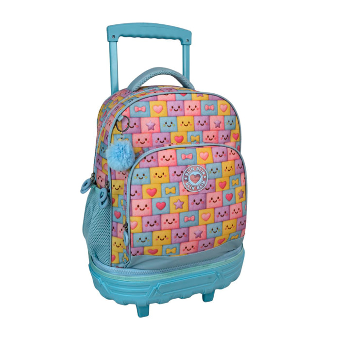 Trolley Fisso Compatto Doppio Corpo Grande Capacità Blin Blin Faces. Schienale e spallacci regolabili e imbottiti. Con accessorio pom pom.