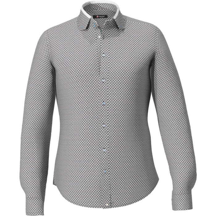 Camicia Uomo 2bottoni Button Down Doppio Collo Slim Popeline Stampato Bianco e Grigio Scuro
