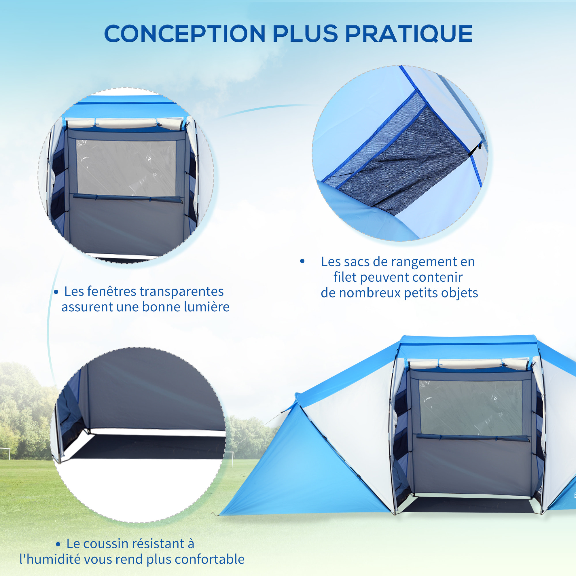 Tente de camping familiale 4-6 personnes 2 cabines fenêtre grande porte 4,3L x 2,4l x 1,7H m bleu blanc