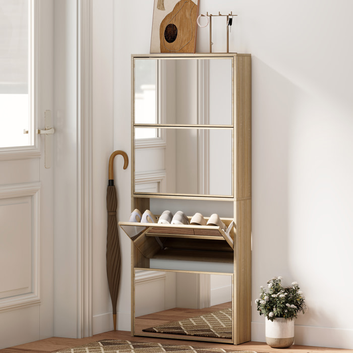 Zapatero Estrecho con Espejo, 4 Puertas Abatibles, Zapatero Entrada Recibidor para 12 Pares de Zapatos, para Pasillo, Espacios Reducidos, 63x17x146 cm, Natural