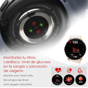 DAM Smartwatch R6 Pro Max, pantalla AMOLED, +100 modos deportivos. Llamadas BT, notificaciones push. Monitor glucosa en sangre. 4,15x1,1x4,9 Cm. Color: Oro Rosa