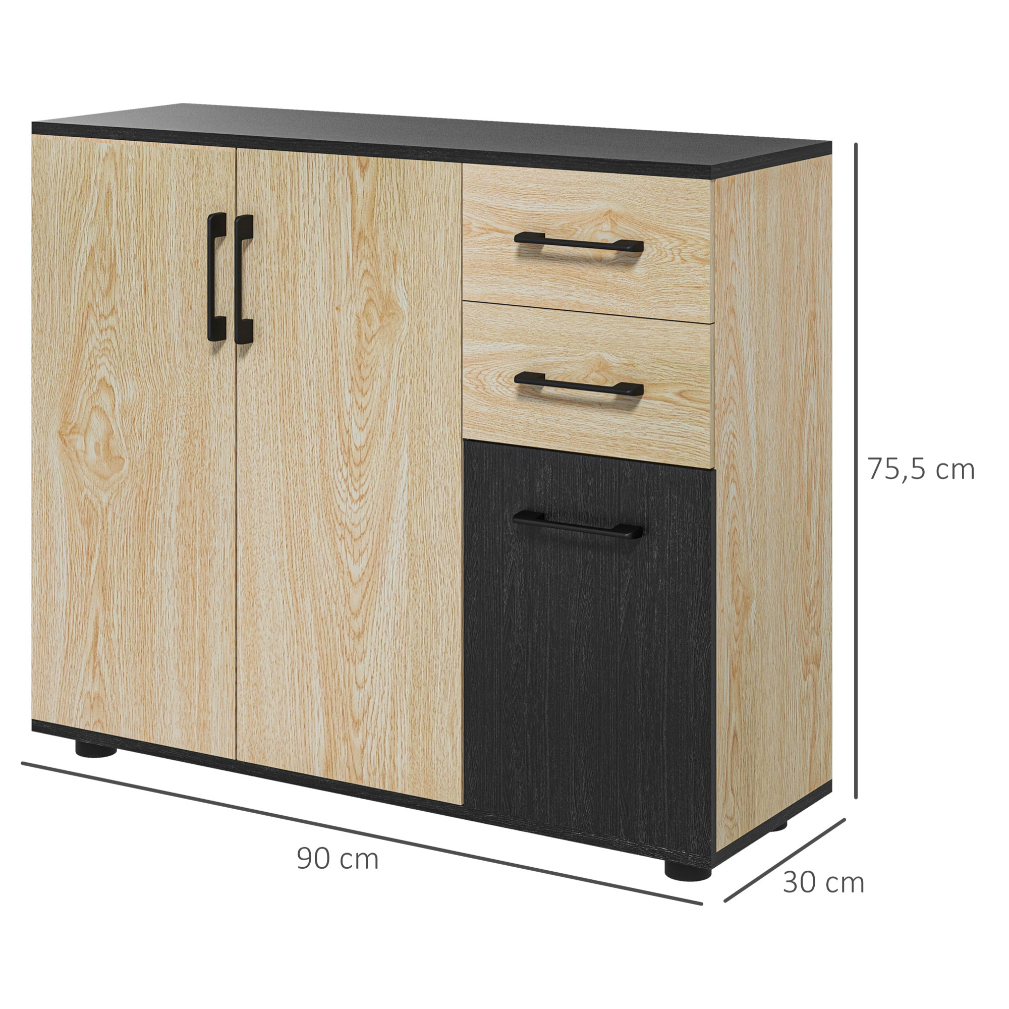 Aparador de 2 Puertas, Aparador de Salón Estrecho con 2 Cajones, Armario de Cocina con Estante Ajustable, para Entrada, Dormitorio, 90x30x75,5 cm, Natural y Negro