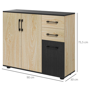 Aparador de 2 Puertas, Aparador de Salón Estrecho con 2 Cajones, Armario de Cocina con Estante Ajustable, para Entrada, Dormitorio, 90x30x75,5 cm, Natural y Negro