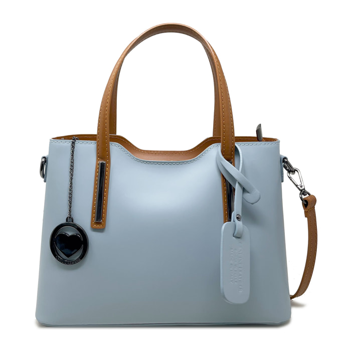 Chicca Borse - Borsa a Mano Donna in Vera Pelle - Colore Cielo - Cuoio